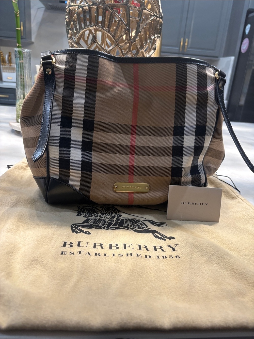 Burberry Beige Nova Check Shoulder Bag with Black Trim and Red Stripe
